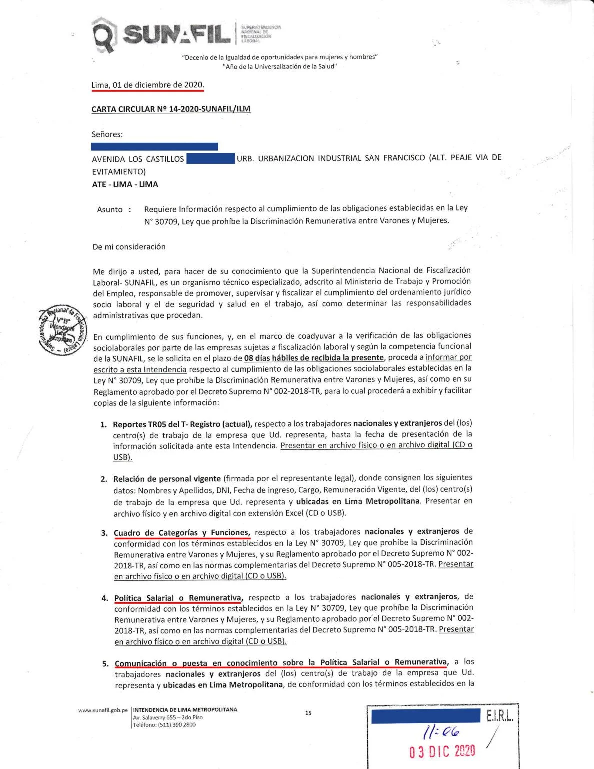 Carta Circular Requerimiento Inspección SUNAFIL Página 1